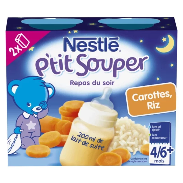 Repas du soir Nestlé - 6 mois Carottes Riz - 2x250ml