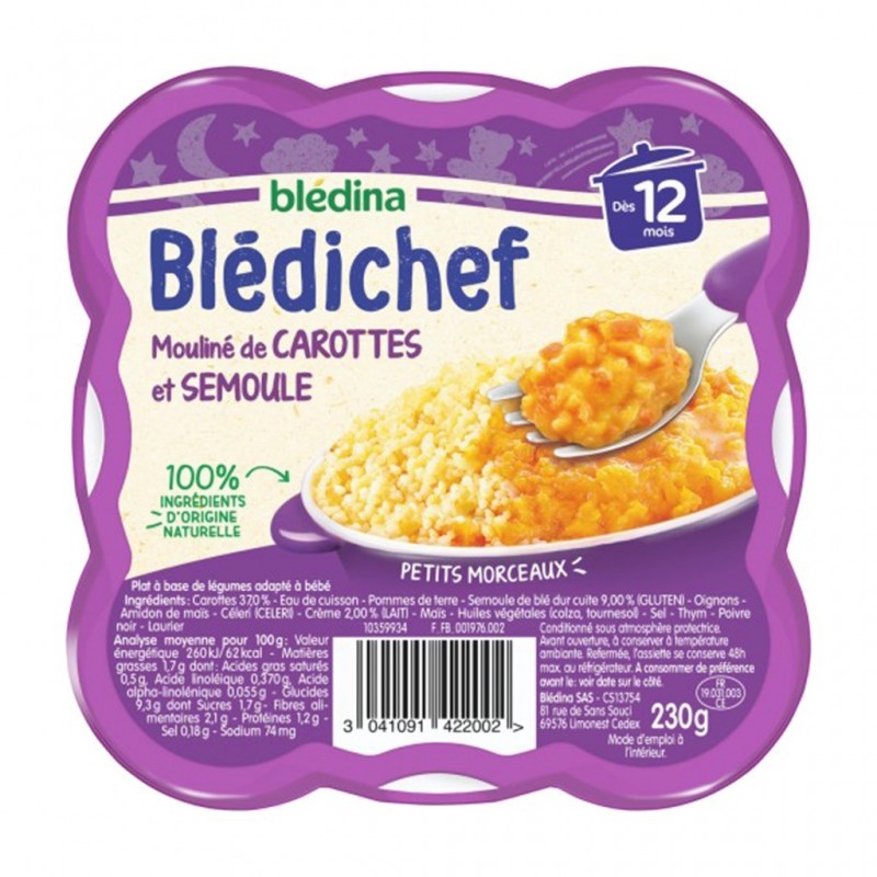 Blédichef repas bébé soir 12mois Semoule carotte – 230g