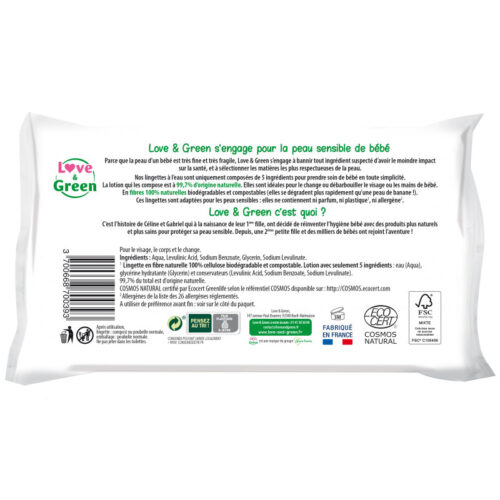 Love and Green Lingettes Écologiques à 99% d’Eau - 56 lingettes